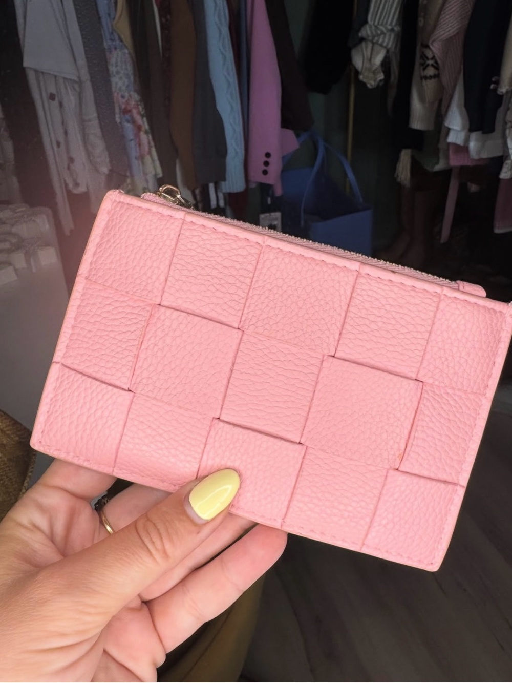 Pink Woven Leather Zip Card Case Wallet - Women